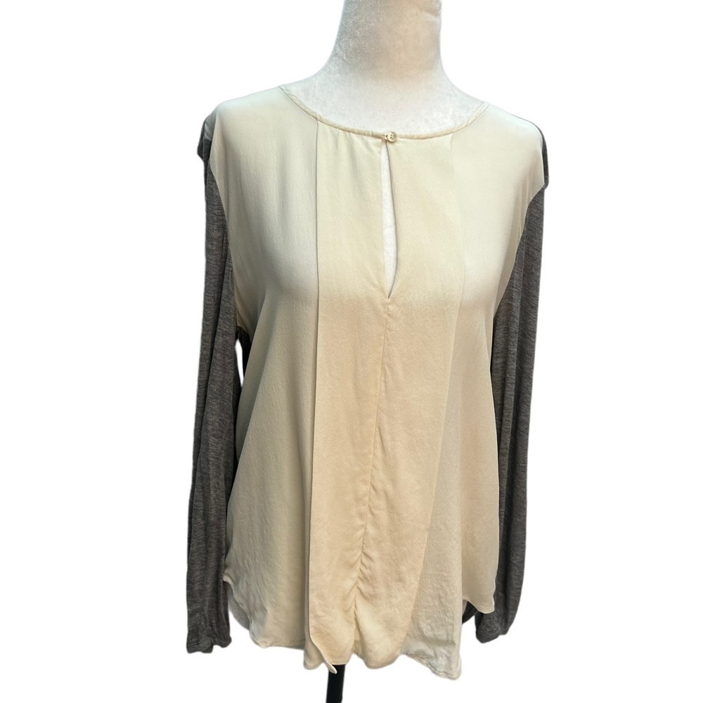 aritzia Babaton Beige Silk Blouse Long Sleeves Grey Back Size M